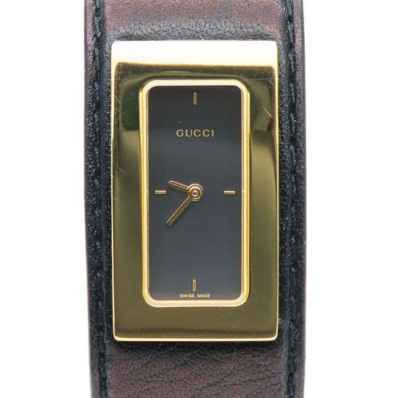 Gucci 7800S Stainless Steel Watch with Leather Strap, Gold and Black Dial, Pl... - Picture 1 of 10